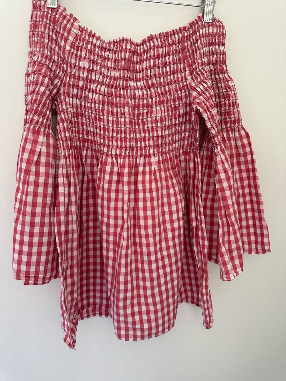 Women’s Pink Gingham Smocked Off-Shoulder Top